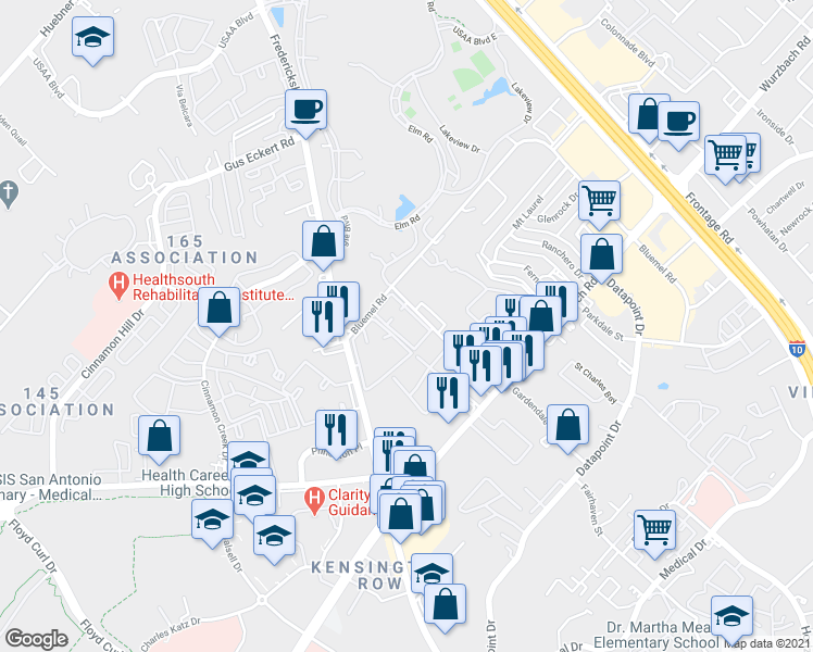 map of restaurants, bars, coffee shops, grocery stores, and more near 4615 Gardendale in San Antonio