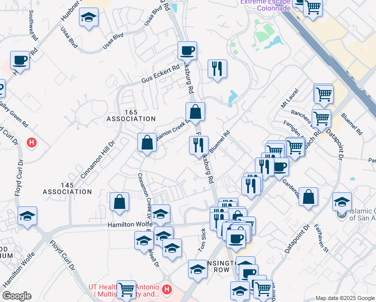 map of restaurants, bars, coffee shops, grocery stores, and more near 9433 Fredericksburg Road in San Antonio