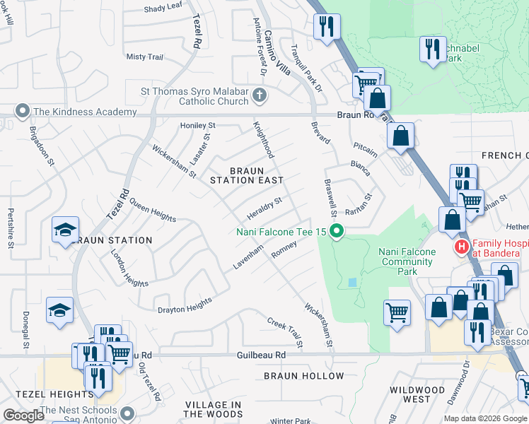 map of restaurants, bars, coffee shops, grocery stores, and more near 8431 Kingsway Street in San Antonio