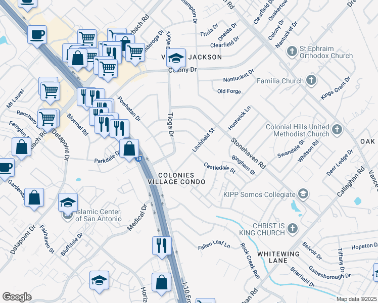 map of restaurants, bars, coffee shops, grocery stores, and more near 3722 Litchfield Street in San Antonio