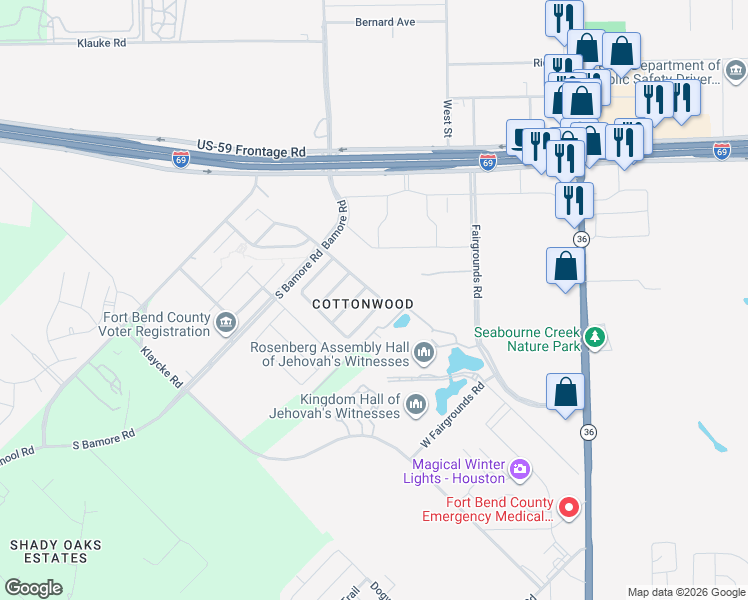 map of restaurants, bars, coffee shops, grocery stores, and more near 1102 Desert Palms Lane in Rosenberg