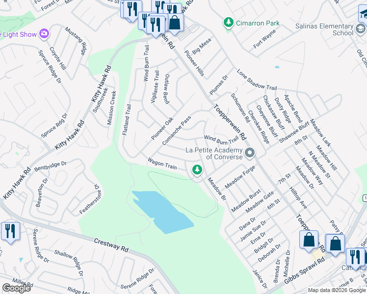 map of restaurants, bars, coffee shops, grocery stores, and more near 10026 Nugget Creek in Converse