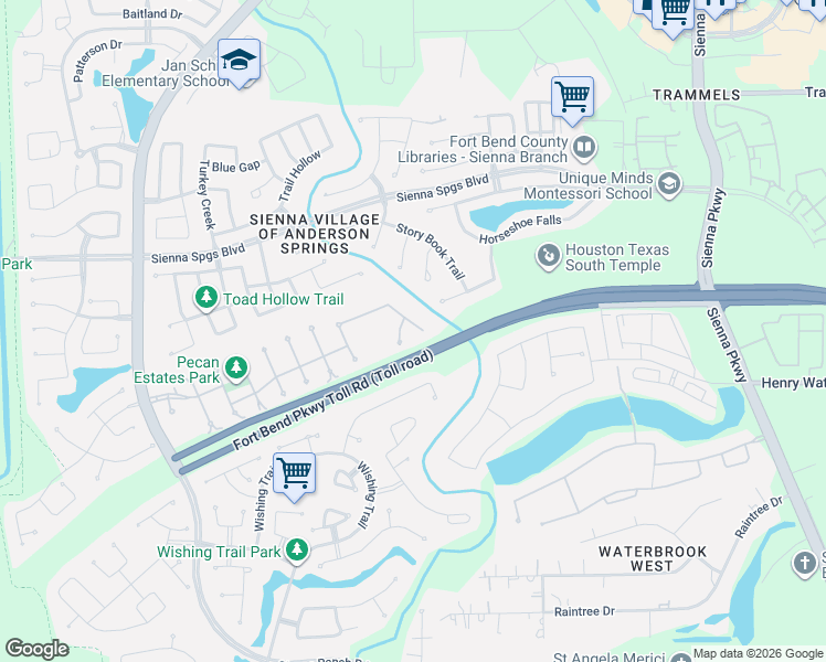 map of restaurants, bars, coffee shops, grocery stores, and more near 99 Ember Branch Drive in Missouri City