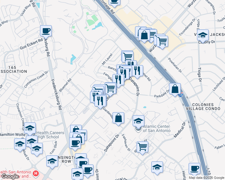 map of restaurants, bars, coffee shops, grocery stores, and more near 9001 Wurzbach Road in San Antonio