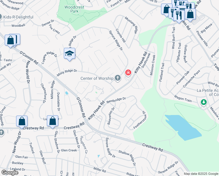 map of restaurants, bars, coffee shops, grocery stores, and more near 7455 Kitty Hawk Road in Universal City