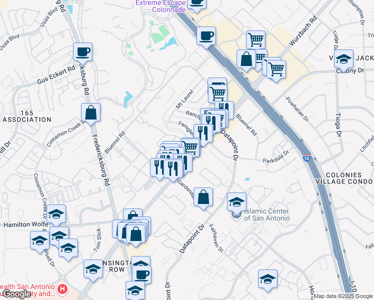 map of restaurants, bars, coffee shops, grocery stores, and more near 8935 Wurzbach Road in San Antonio