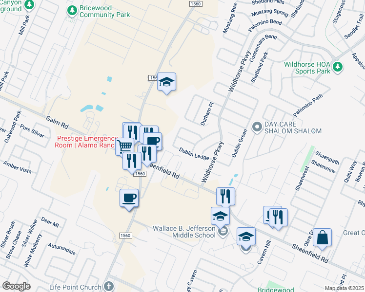 map of restaurants, bars, coffee shops, grocery stores, and more near 11242 Dublin Circle in San Antonio