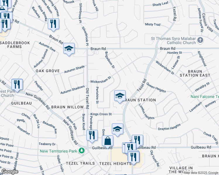 map of restaurants, bars, coffee shops, grocery stores, and more near 8834 Brigadoon Street in San Antonio