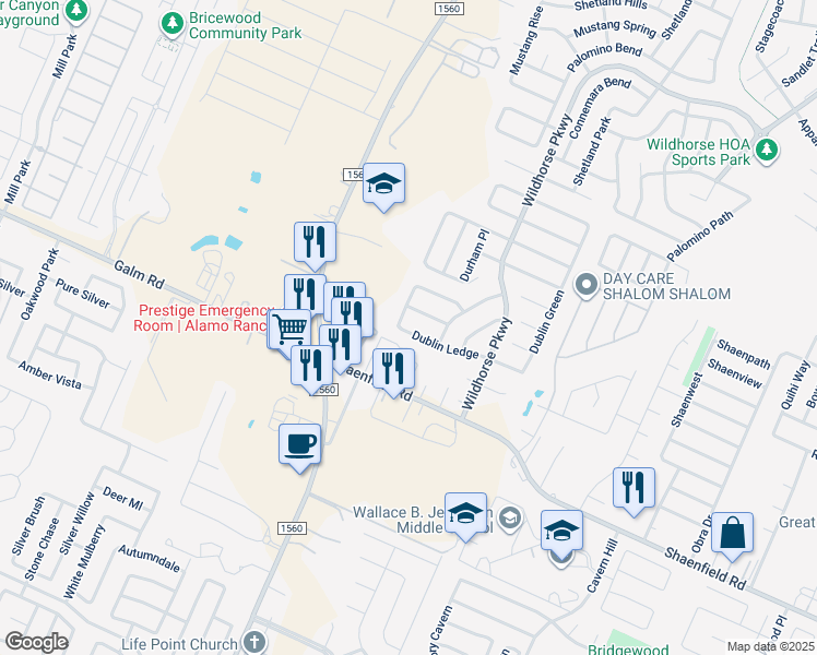map of restaurants, bars, coffee shops, grocery stores, and more near 11243 Dublin Ledge in San Antonio