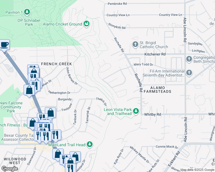 map of restaurants, bars, coffee shops, grocery stores, and more near 9207 Maverick Pass in San Antonio