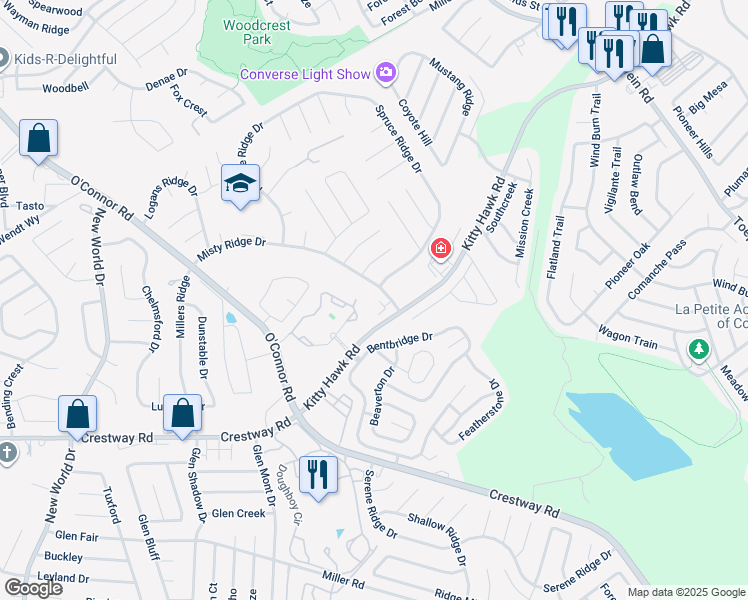map of restaurants, bars, coffee shops, grocery stores, and more near 9701 Spruce Ridge Drive in Converse