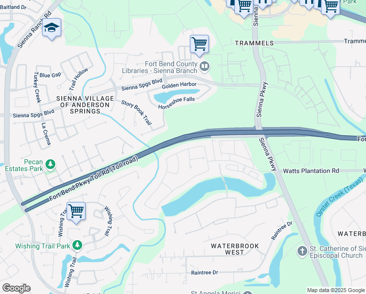 map of restaurants, bars, coffee shops, grocery stores, and more near 5330 Merlins Trail in Missouri City