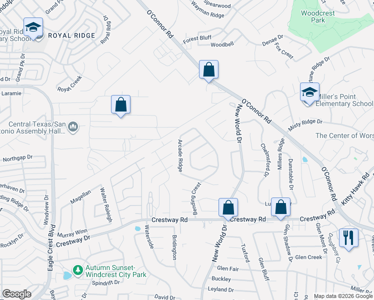map of restaurants, bars, coffee shops, grocery stores, and more near 9707 Arcade Ridge in San Antonio