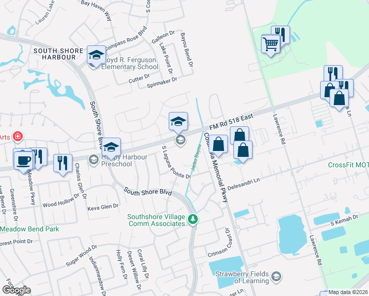 map of restaurants, bars, coffee shops, grocery stores, and more near 2047 Lodge Crest Court in League City