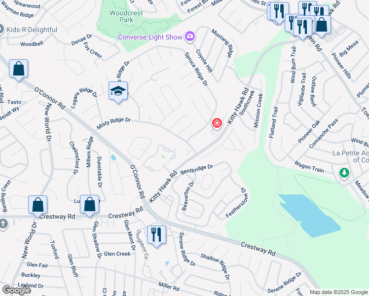 map of restaurants, bars, coffee shops, grocery stores, and more near 9701 Spruce Ridge Drive in Converse