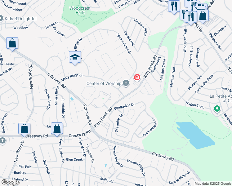 map of restaurants, bars, coffee shops, grocery stores, and more near 9701 Spruce Ridge Drive in Converse