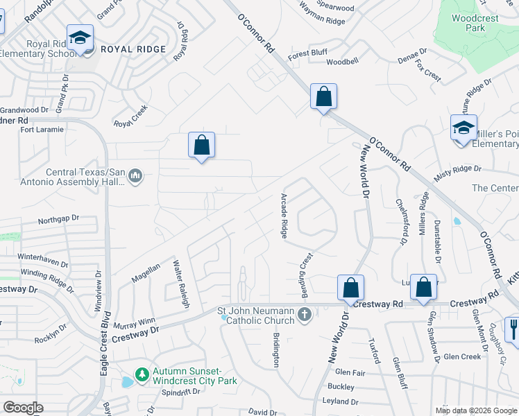 map of restaurants, bars, coffee shops, grocery stores, and more near 6535 Wind Trace in San Antonio