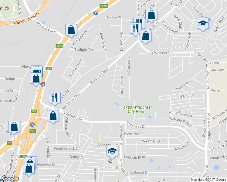 map of restaurants, bars, coffee shops, grocery stores, and more near 3 Adkins Ridge in San Antonio