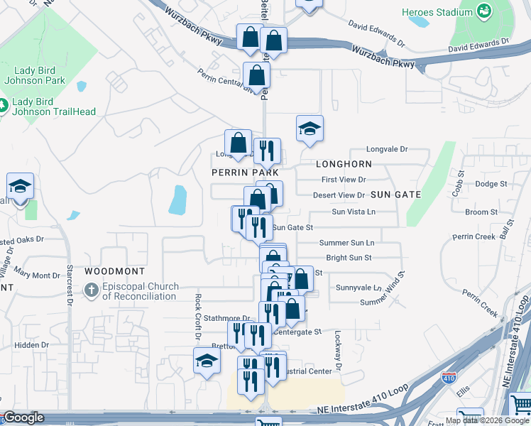 map of restaurants, bars, coffee shops, grocery stores, and more near 9528 Perrin Beitel Road in San Antonio