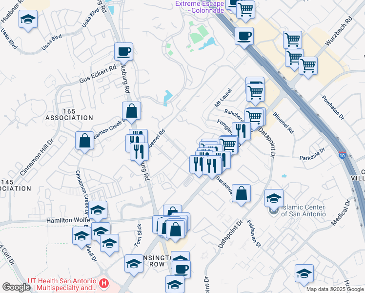 map of restaurants, bars, coffee shops, grocery stores, and more near 9001 Wurzbach Road in San Antonio