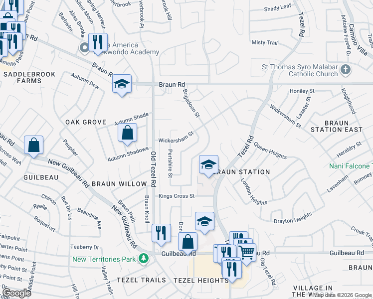 map of restaurants, bars, coffee shops, grocery stores, and more near 9007 Brightwater Street in San Antonio