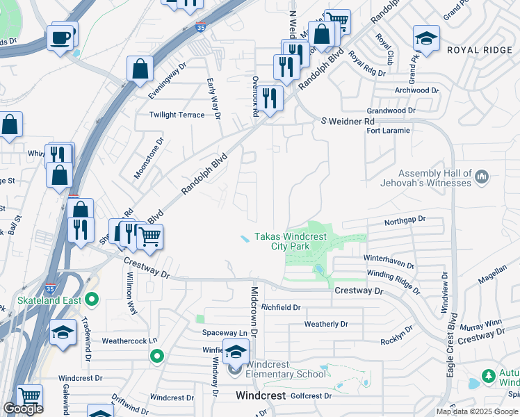 map of restaurants, bars, coffee shops, grocery stores, and more near 3 Adkins Ridge in San Antonio