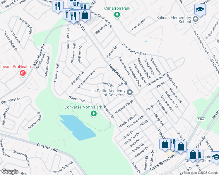 map of restaurants, bars, coffee shops, grocery stores, and more near 9843 Twin Saddles in Converse