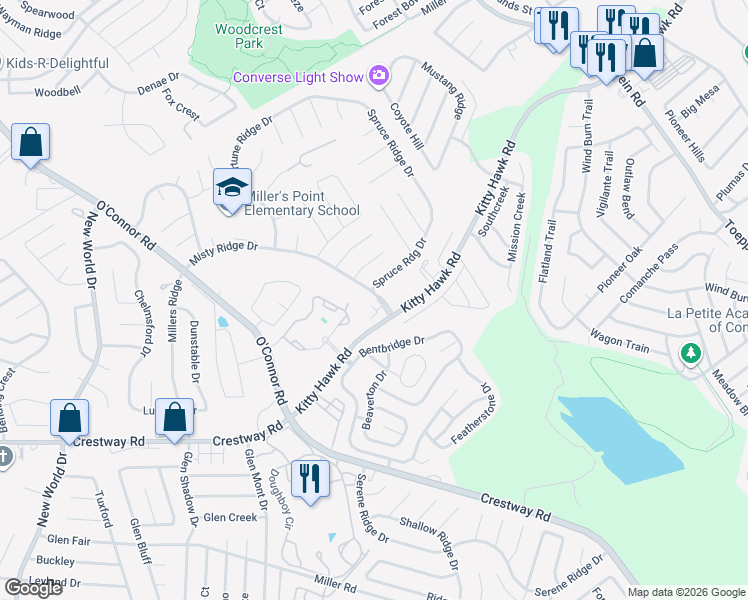 map of restaurants, bars, coffee shops, grocery stores, and more near 9701 Spruce Ridge Drive in Converse