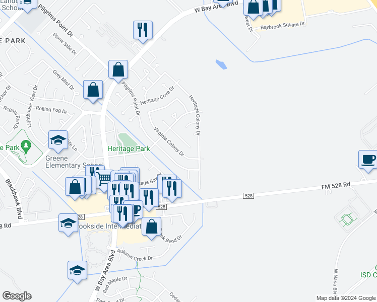map of restaurants, bars, coffee shops, grocery stores, and more near 2846 Mayflower Landing Court in Webster