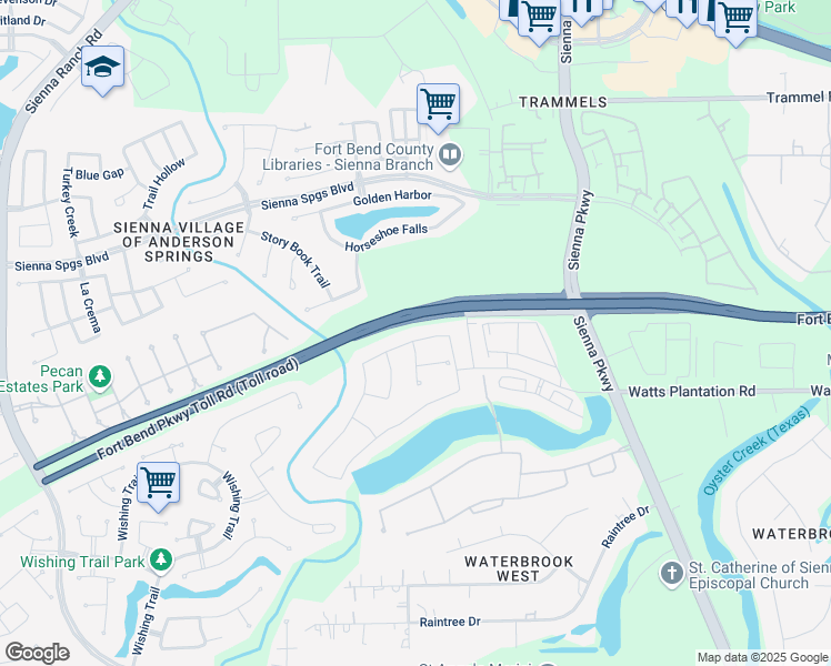 map of restaurants, bars, coffee shops, grocery stores, and more near 5330 Merlins Trail in Missouri City