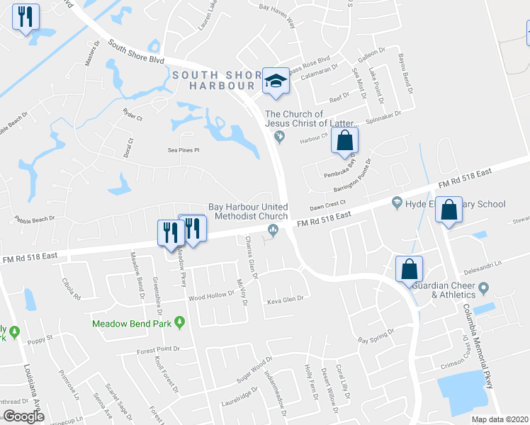map of restaurants, bars, coffee shops, grocery stores, and more near 4712 Broadmoor Drive in League City