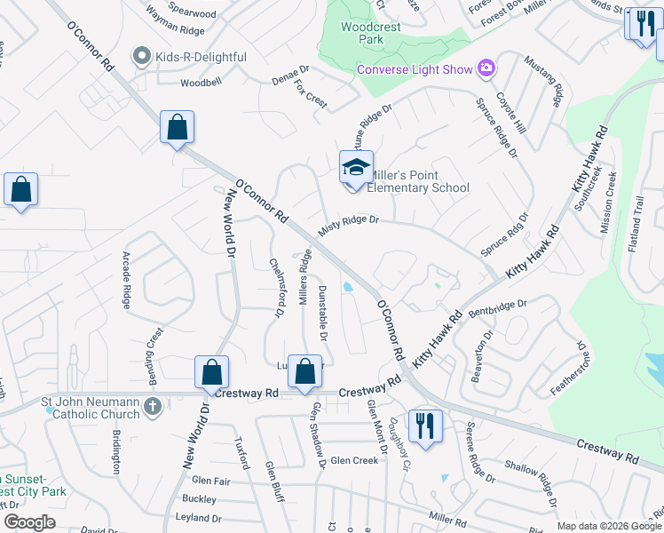 map of restaurants, bars, coffee shops, grocery stores, and more near 9738 Sandy Ridge Way in San Antonio