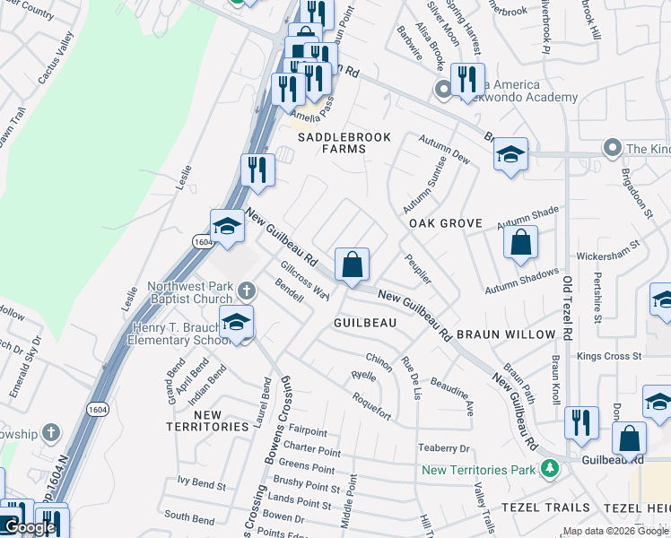 map of restaurants, bars, coffee shops, grocery stores, and more near 9334 Shotgun Drive in San Antonio