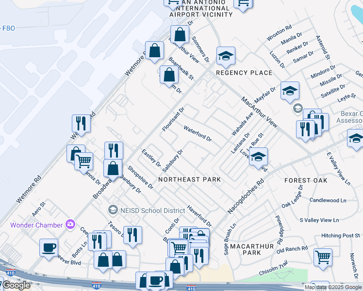 map of restaurants, bars, coffee shops, grocery stores, and more near 9610 Clarion Drive in San Antonio