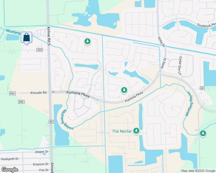 map of restaurants, bars, coffee shops, grocery stores, and more near 2307 Piney Creek Drive in Manvel