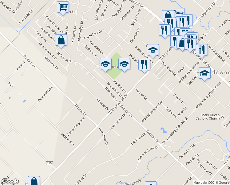 map of restaurants, bars, coffee shops, grocery stores, and more near 112 Brigadoon Street in Friendswood