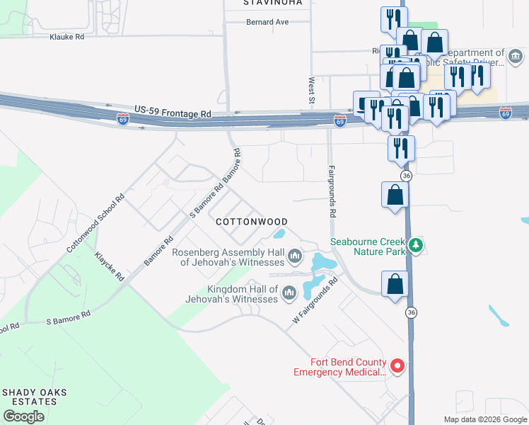 map of restaurants, bars, coffee shops, grocery stores, and more near 903 Wild Cotton Road in Rosenberg