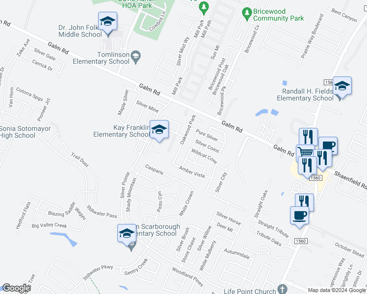 map of restaurants, bars, coffee shops, grocery stores, and more near 8954 Oakwood Park in San Antonio