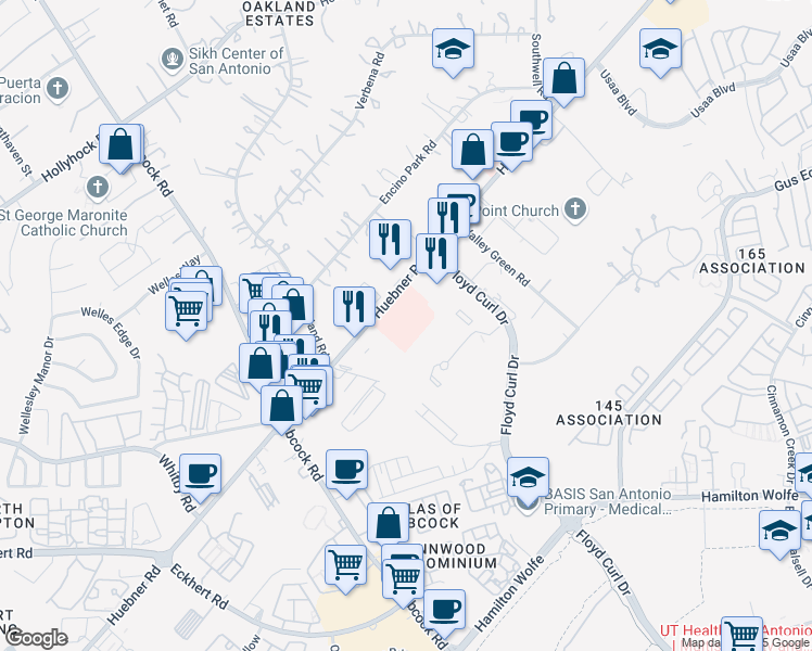 map of restaurants, bars, coffee shops, grocery stores, and more near 9150 Huebner Road in San Antonio