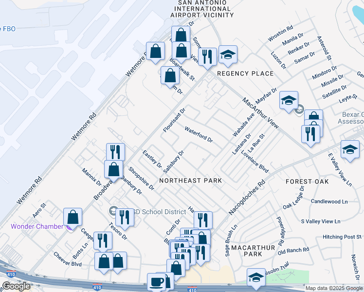 map of restaurants, bars, coffee shops, grocery stores, and more near 9610 Clarion Drive in San Antonio