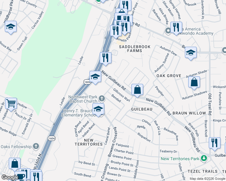 map of restaurants, bars, coffee shops, grocery stores, and more near 9434 Swans Crossing in San Antonio