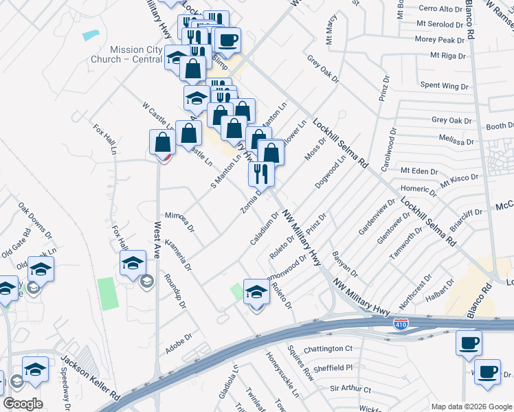 map of restaurants, bars, coffee shops, grocery stores, and more near 103 Zornia Drive in San Antonio