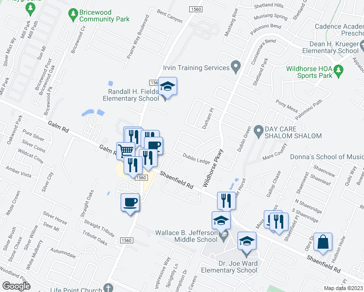 map of restaurants, bars, coffee shops, grocery stores, and more near 11238 Dublin Trace in San Antonio