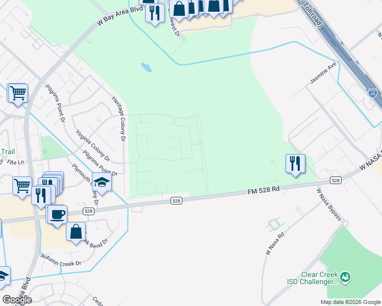 map of restaurants, bars, coffee shops, grocery stores, and more near 1866-1898 Farm to Market Road 528 in Webster