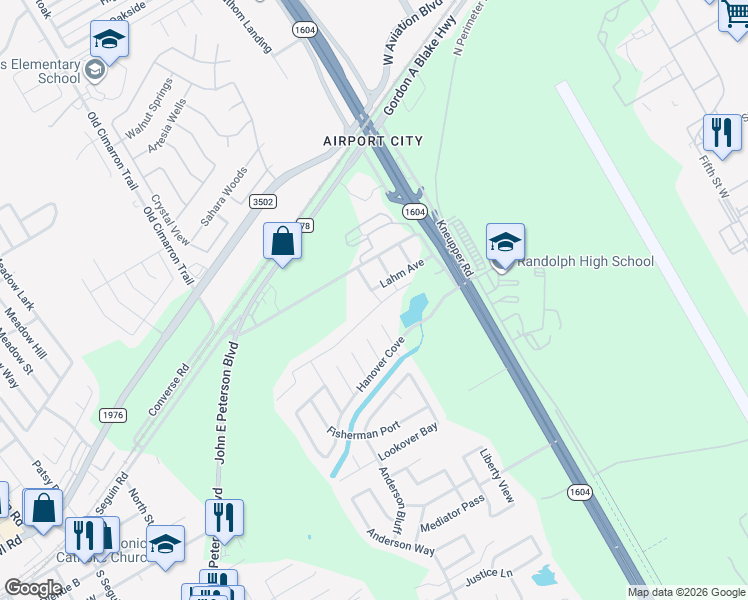 map of restaurants, bars, coffee shops, grocery stores, and more near 9787 Harbor Mist Lane in Converse