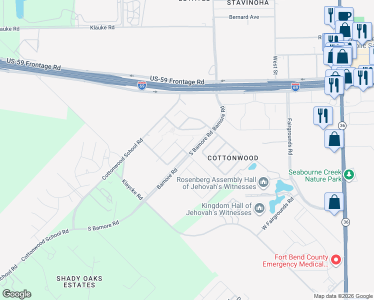 map of restaurants, bars, coffee shops, grocery stores, and more near 1621 Perennial Lane in Rosenberg