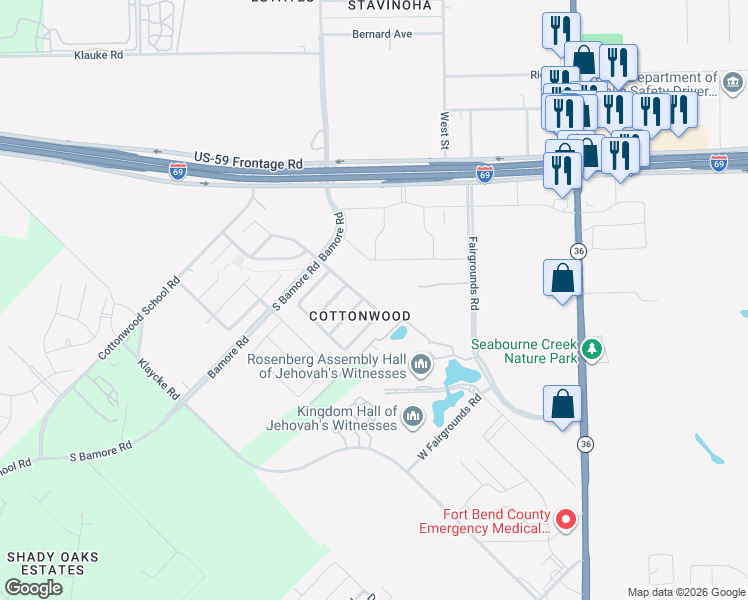 map of restaurants, bars, coffee shops, grocery stores, and more near 903 Wild Cotton Road in Rosenberg