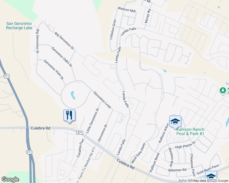 map of restaurants, bars, coffee shops, grocery stores, and more near 15031 Geronimo Loop in San Antonio