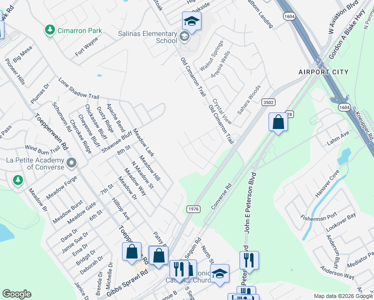 map of restaurants, bars, coffee shops, grocery stores, and more near 8902 Appaloosa Pass in Converse