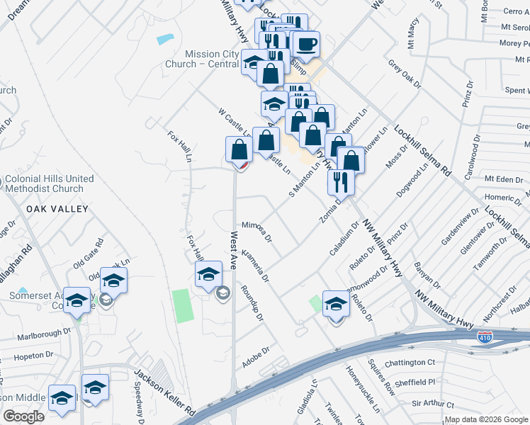 map of restaurants, bars, coffee shops, grocery stores, and more near 104 Wisteria Drive in San Antonio